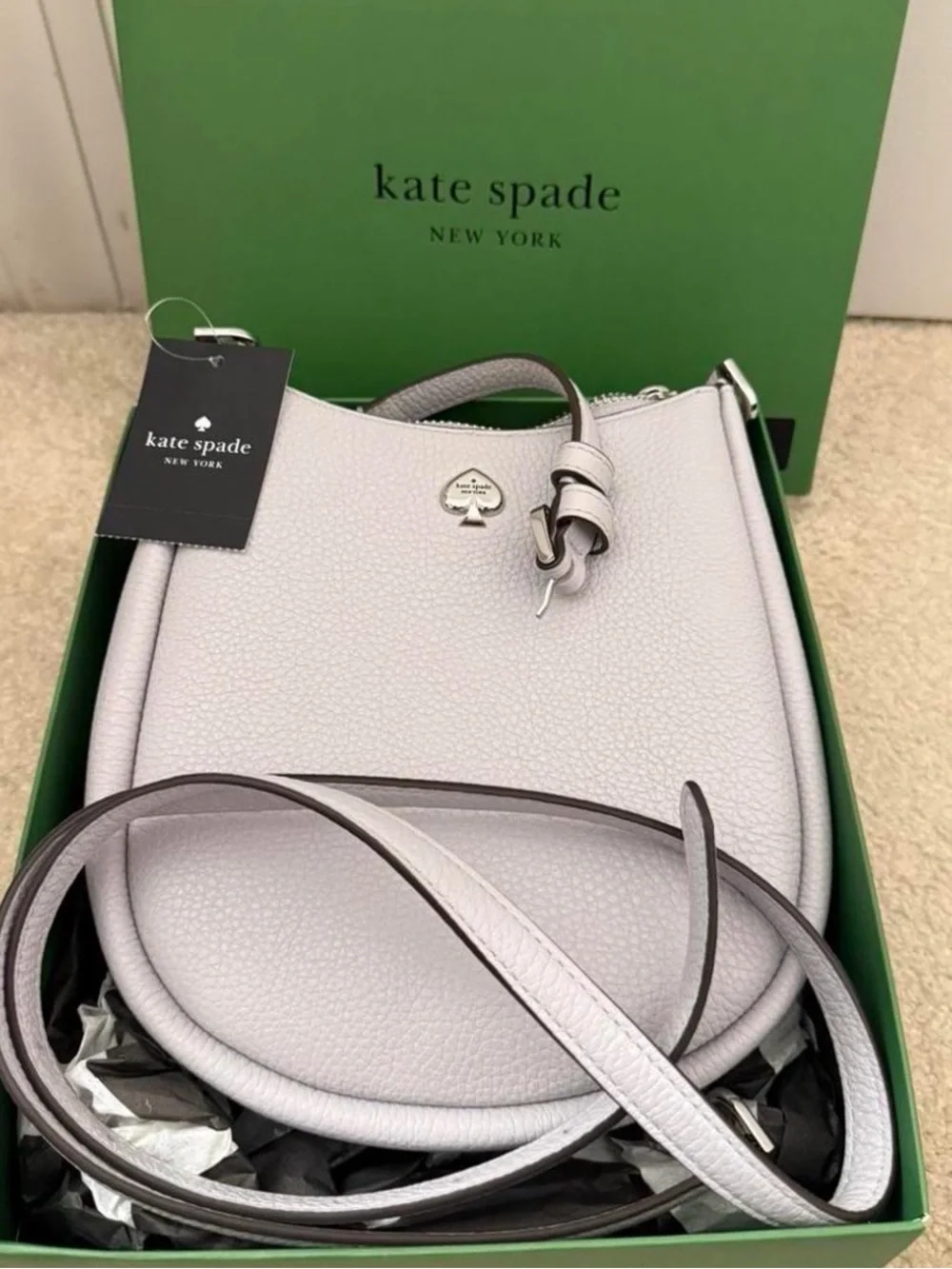 Kate Spade New York light gray leather crossbody bag